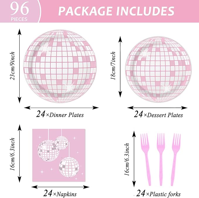 96PCS Pink Silver Disco Party Plates Napkins Disco Birthday Decoration 70s Theme Disposable Paper Cake Tableware Serve 24 Guests Women Girls Baby Shower Bachelorette Wedding Birthday Party Favor