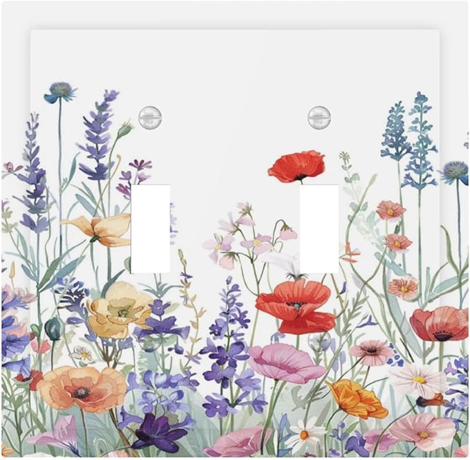 Colorful Floral Purple Lavender Flower Leaves Plants Decorative Switch Plates 2 Gang Double Toggle Outlet Light Switch Cover Wall Plate Electrical Faceplate for Bed Room Living Room Decor