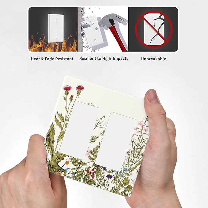Country Vintage Flowers Floral Wildflower 2 Gang Double GFCI Decorative Decorator Rocker Light Switch Cover Herbs Sage Blossom Dual Device Outlet Switch Face Wallplate Screwless for Socket USB Dimmer