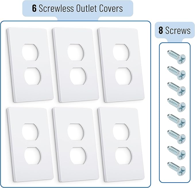 Bates Screwless Duplex Wall Plates, 6 Pack White - Screwless Wall Plate Cover - Electrical Wall Outlet Cover