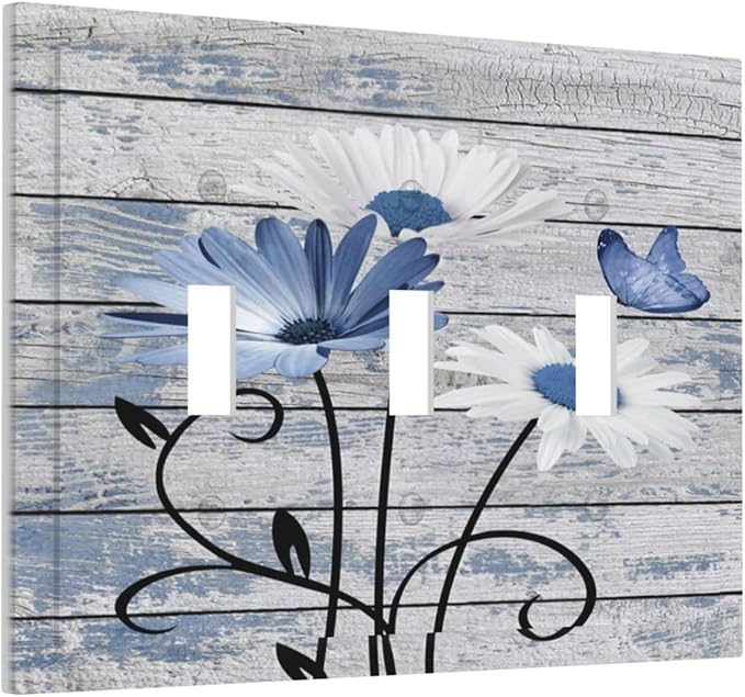 Blue White Daisy Flower Butterfly Rustic Wood Board Decorative Switch Plates 3 Gang Wall Plate Triple Toggle Light Switch Cover Faceplate Electrical Wall Panels for Farmhouse Bedroom Decor