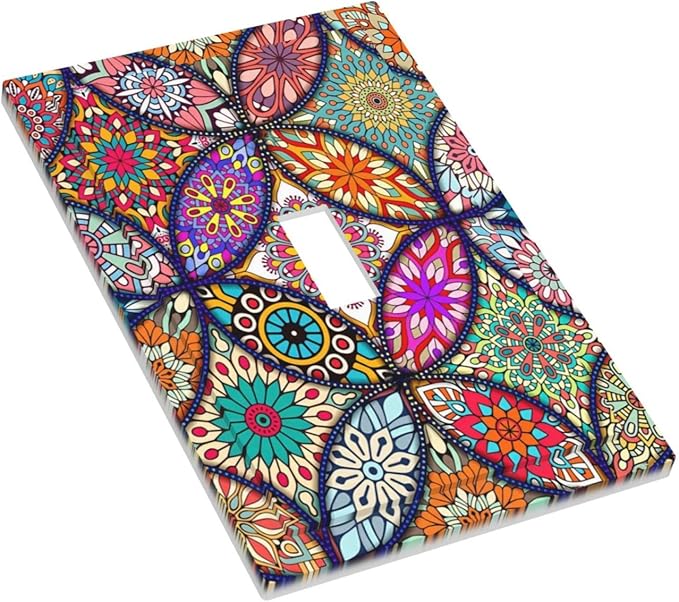 Bohemian Single Toggle Wall Plates Switchplate Covers Decorative 1 Gang Light Switch Covercolorful Vintage Floral Mandala Flower Faceplate for Kitchen Living Room Accessories Decor