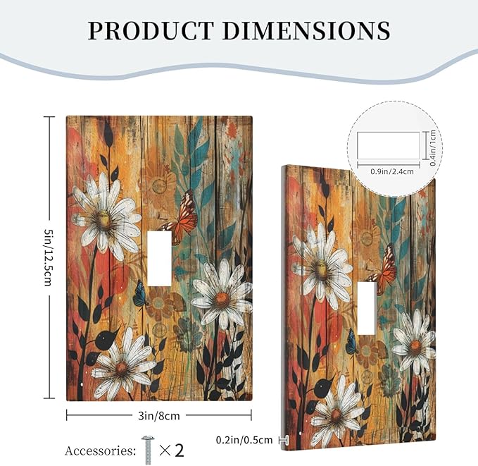 Light Switch Cover Plate Vintage Wooden Daisies Butterflies Floral 1 Gang Single Toggle Decorative Switch Plates Wall Plates Electrical Faceplate for Bathroom Farmhouse Decor