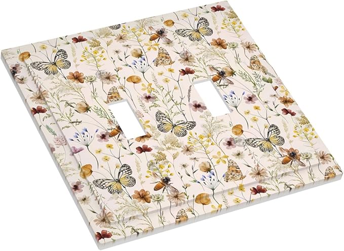 Vintage Butterflies 2 Gang Double Toggle Wall Plates Colorful Wildflower Light Switch Cover Decorative Cute Bees Electrical Switchplate Faceplate Beige Flower Leaves Dimmer Decor for Bedroom Kidroom