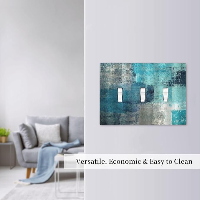 Decorative Switch Plates Teal Blue Modern Geometric Abstract Turquoise Green 3 Gang Wall Plate Triple Toggle Light Switch Cover Faceplate Electrical Wall Panels for living Room Bedroom