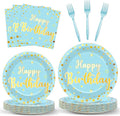 CHUNNIN 96PCS Blue Birthday Plates and Napkins Birthday Party Decorations Light Blue and Gold Dessert Plates Tableware for 24 Guests Kids Party Supplies