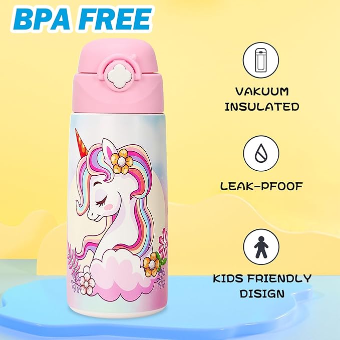 Girls Insulated Water Bottle with Covered Pop-Up Straw,16 oz Kids Cups with Stainless Steel Leak Proof for School（2 pack,Unicorn+Cat）