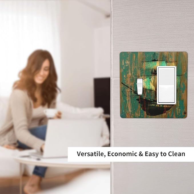 Outlet Covers Rustic Green Wood Grain Sailboat 1 Toggle 1 Rocker Combination Decorative Wall Plate Light Switch Cover Plate Electrical Switch Plates for Farmhouse Bedroom Decor