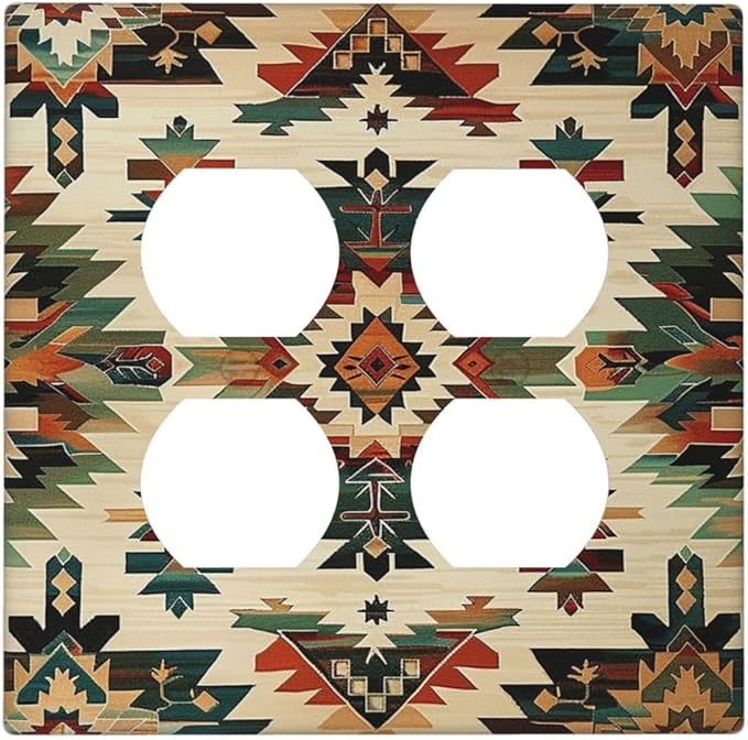 Outlet Covers Southwest Rustic American Indian Aztec Boho 2 Gang Double Duplex Decorative Light Switch Covers Electrical Wallplates Socket Faceplate for Bed Room living Room Decor
