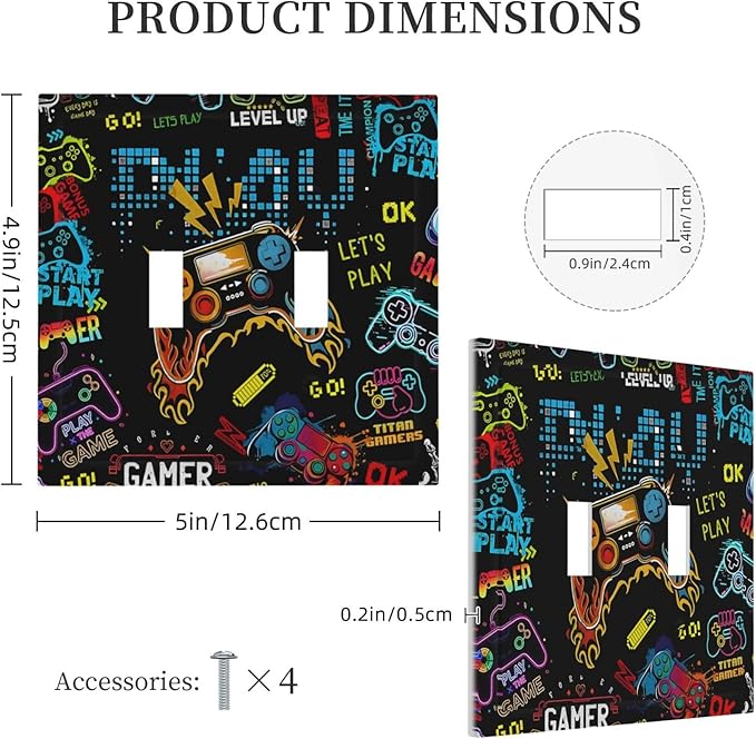 Gamer Video Game Themed Cool Controller Print Decorative Switch Plates 2 Gang Double Toggle Outlet Light Switch Cover Wall Plate Electrical Faceplate for Kids Room Office Decor