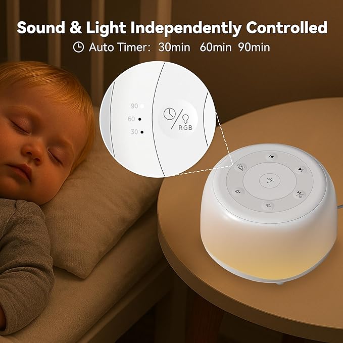 HEYAXA White Noise Sound Machine with 7 Colors Night Light 34 Soothing Sounds, Portable Sound Machine for Baby Adults Kids Sleep with 30 Volume Levels 4 Timers Adjustable Brightness (White)