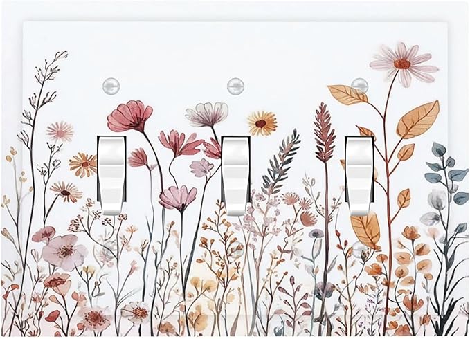 Decorative Switch Plates Spring Floral Pink Wildflower Leaves Plants 3 Gang Wall Plate Triple Toggle Light Switch Cover Faceplate Electrical Wall Panels For Home Bed Room Decor