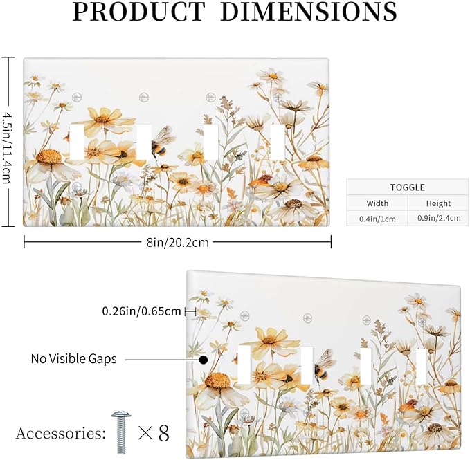 Yellow White Daisy Floral Bee Wild Flower Light Switch Covers Quad Toggle Electrical Faceplate 4 Gang Wall Plate Decorative Switch Plates Cover for Bedroom Living Room Decor
