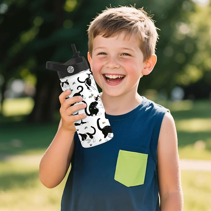 Cat Gifts for Kids - 16oz Black Cat Water Bottle with Straw Lid, Stainless Steel Insulated Bottle, Leak Proof, BPA-Free, for Boys, Girls, School - Black and White Cat Gifts Cats Lovers Gift Cup(1pc)
