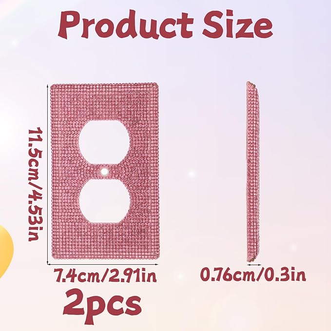 2 Pcs Outlet Covers Wall Plate, 4.5" x 2.8" Pink Rhinestone Socket Covers Bling Decorative Duplex Light Switch Cover for Women Girls Bedroom Home Decor