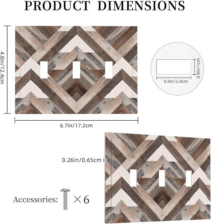 Polygon Collage Abstract Shapes Rustic Wood Panel Print Decorative Switch Plates 3 Gang Wall Plate Triple Toggle Light Switch Cover Faceplate Electrical Wall Panels for Farmhouse Bedroom Decor