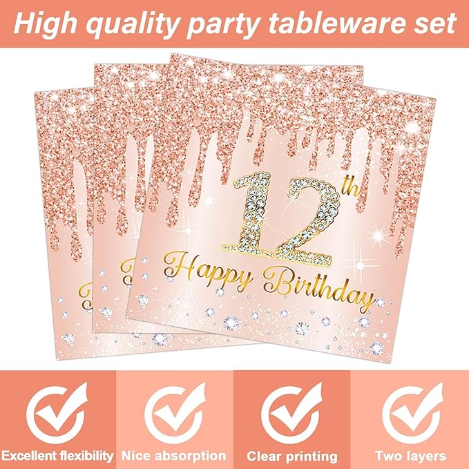 96 Pcs Rose Gold 12th Birthday Party Plates and Napkins for Girls Rose Gold Party Supplies Pink Happy 12 Years Birthday Party Tableware Set for 24 Guests Party Decorations