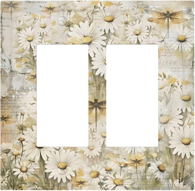 Vintage Letter Paper Wildflowers Dragonfly Daisy Floral Decorative Outlet Covers 2 Gang Double GFCI Rocker Electrical Wall Panels Light Switch Cover Plate for Farmhouse Bedroom Decor