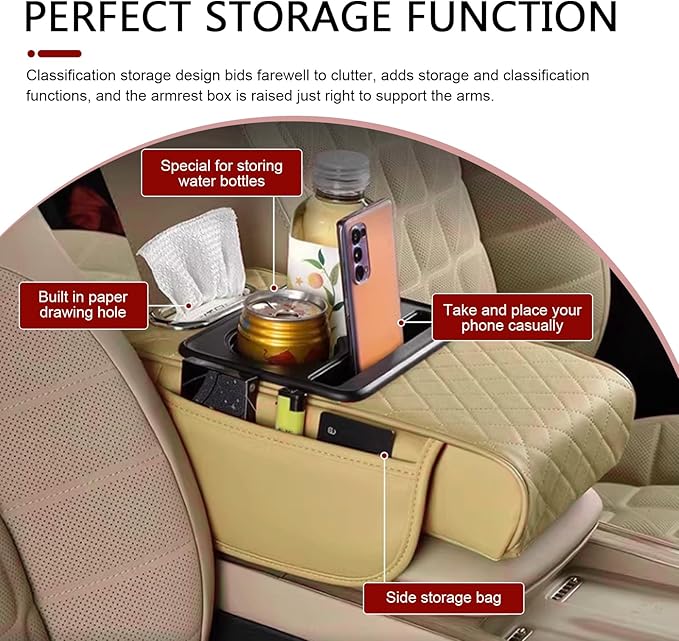 Car Center Console Cover, Upgrade 5-in-1 Genuine Leather Thickened Armrest Box, Armrest Storage Box with Cup, Universal Car Accessories Interior Organizers, for Most Cars (Beige)