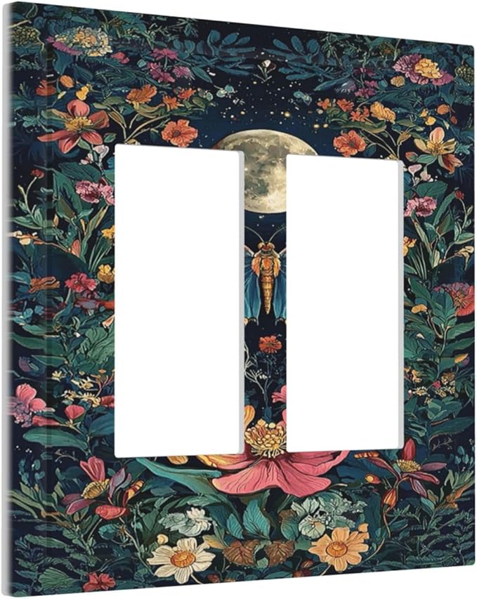 Decorative Outlet Covers Bohemian Moon Butterfly Floral 2 Gang Double Rocker Light Switch Cover Plate Electrical Switch Plate Cover Decorate GFCI Wall Plate for Bedroom Cabin Decor