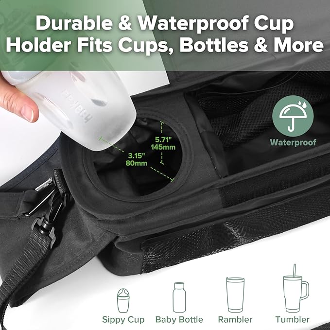 haakaa Universal Stroller Organizer - Black, Single Cup Holder, Stroller Caddy Accessories with Shoulder Strap & Extra Non-Slip Stroller Hook, Fits Most Strollers