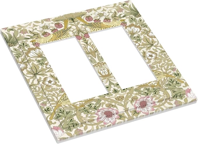 William Morris Vintage Strawberry Bird Botanical Decorative Outlet Covers 2 Gang Double GFCI Rocker Electrical Wall Panels Light Switch Cover Plate for Farmhouse Home Decor