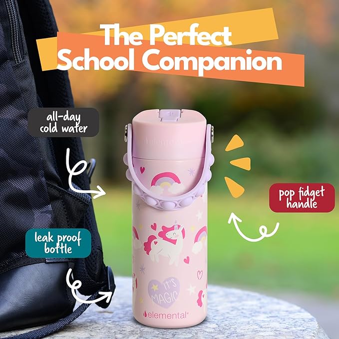 Elemental Insulated Kids Water Bottle, Stainless Steel Water Bottle with Straw Lid & Pop-It Handle, Leak-Proof Water Bottles for School, Boys or Girls, Travelling and Sports, 18oz - Unicorn Magic