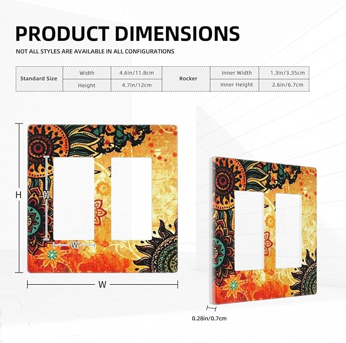 Decorative Boho 2 Gang Double GFCI Decorator Rocker Light Switch Cover Mandala Art, Red/Burnt Orange Vintage Floral Flower Sunflower Hippie Outlet Wall Plate Electrical Faceplate Cover Screwless