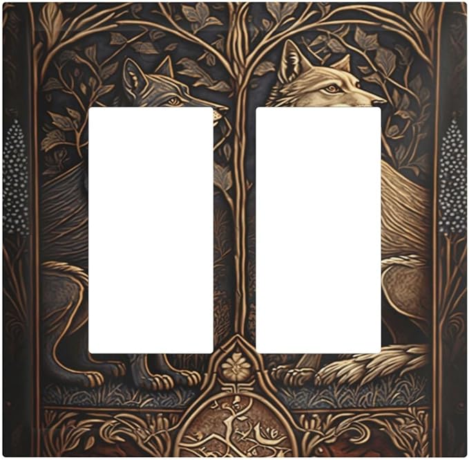 Medieval Wolves Animal Vintage Print Decorative Outlet Covers 2 Gang Double GFCI Rocker Electrical Wall Panels Light Switch Cover Plate for Farmhouse Home Decor