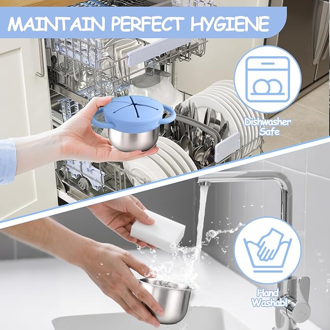Mity rain Stainless Steel Snack Containers for Toddlers with Spill-Proof Silicone Lids Handles - 3-in-1 Baby Snack Cups, No-Spill Toddler Snack Box (Blue+Green, Two piece set)