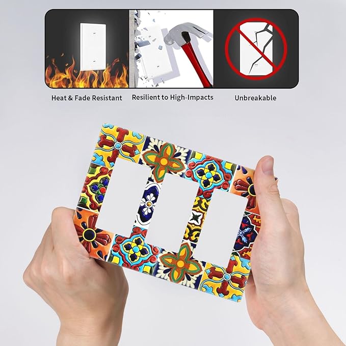 Boho Mexican Moroccan Tile 3 Gang Triple Rocker/Decorator Light Switch Wall Plate Cover Decorative Gfci Electrical Faceplate Switchplate Room Decorate