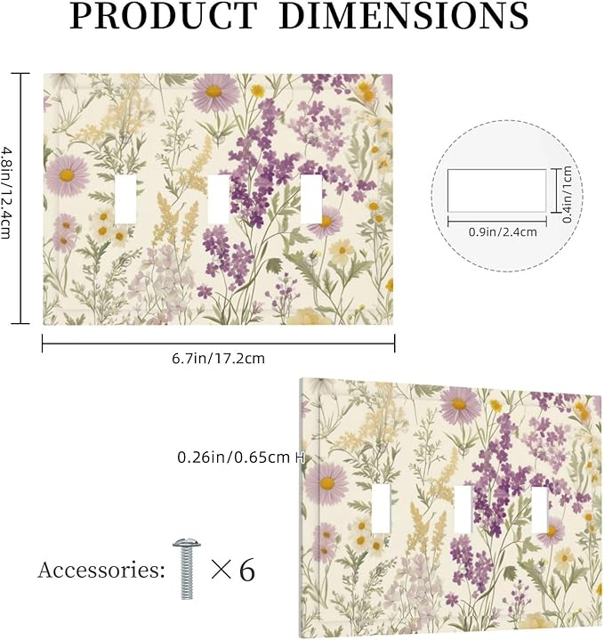 Watercolor Floral Leaves 3 Gang Light Switch Cover Small Purple Flowers Daisies Triple Toggle Wall Plate Decorative Electrical Faceplate for Country Bedroom Kitchen Living Room Home Decor