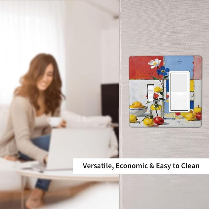 Color Block Floral Still Life Art Red Yellow Blue Abstract Outlet Covers 1 Toggle 1 Rocker Combination Decorative Wall Plate Electrical Switch Plates Light Switch Cover Plate for Farmhouse Bedroom