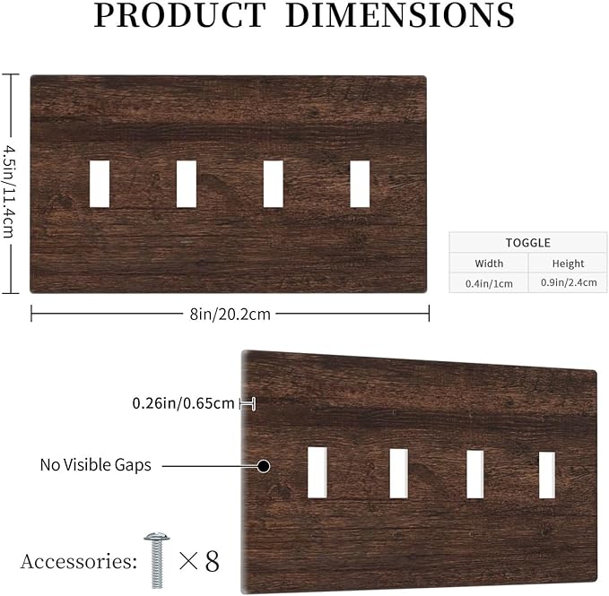 Decorative Switch Plate Cover with Rustic Dark Wood Grain & Vintage Style Design 4 Gang Artistic Wall Plate Unique Quad Toggle Light Switch Covers for Kitchen/Living Room