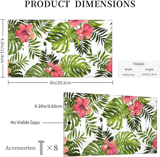 Tropical Plant Green Palm Quad Toggle Wall Plate Covers Decorative 4-Gang Wall Plates Banana Leaves Pink Flower Rainfores Jungle Botanical Electrical Switchplate for Bathroom Bedroom Kitchen Decor