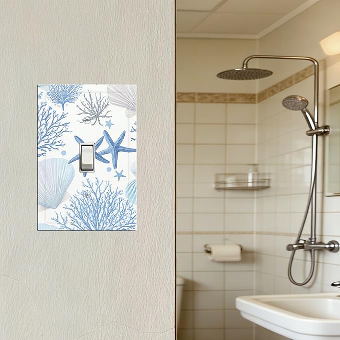 Coastal Blue Coral & Starfish 1-Gang Toggle Light Switch Plate, Watercolor Ocean Treasures Serene Underwater Garden Decorative Wall Plate for Beach House Decor