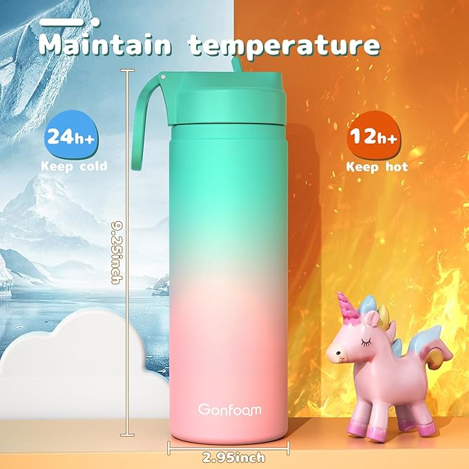 Kids Water Bottle, 2-Pack 20oz Water Bottles with Stickers and Straw, Stainless Steel Vacuum Insulated cup, Kids Water Bottle for School, Gifts for Boys and Girls(Purple/Green)