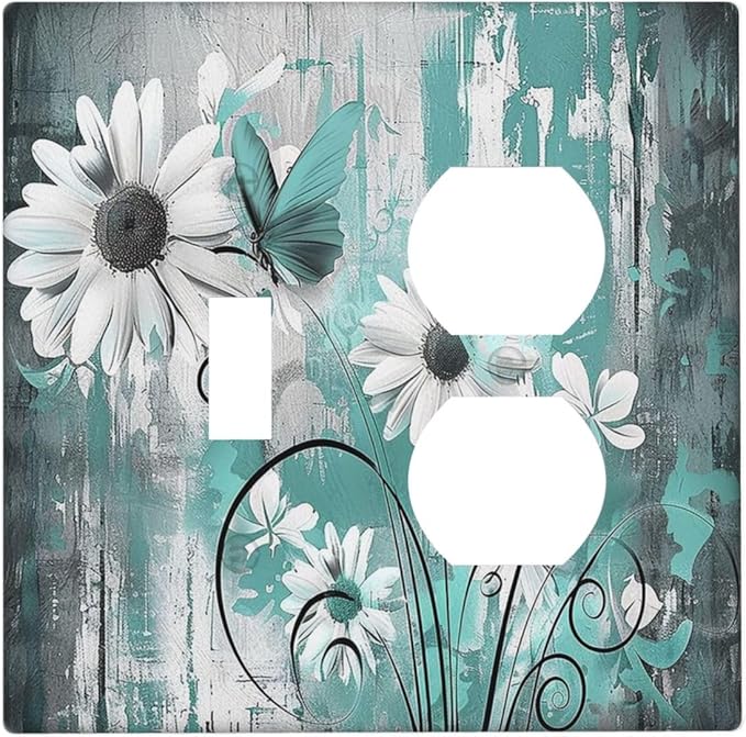 Wallplates Teal Daisy Floral Vintage Wood Plank 1 Toggle 1 Duplex Switch Plate Electrical Gfci Faceplate Decorative Light Switch Covers For Farmhouse Cabin Decor