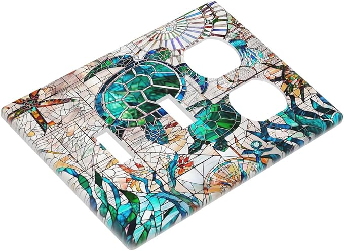 Beach Sea Turtle Ocean Theme 3-Gang 2-Toggle 1-Duplex Receptacle Combination Light Switch Decorative Triple Combo Device Switches/Rocker Outlet Covers and Wall Plate