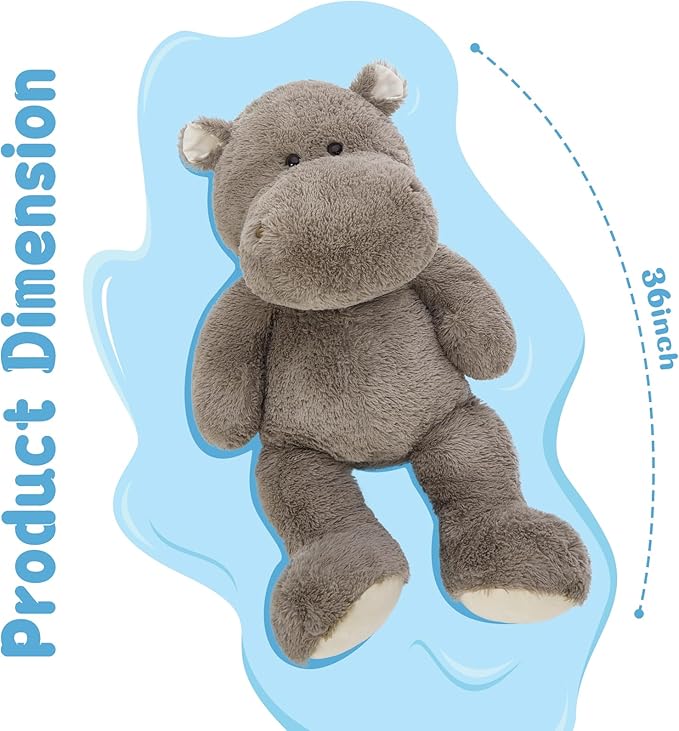BENINY Giant Humongous Hippo Stuffed Animals 36", Oversized Toy Plush Pillow Gift for Kid, Gray