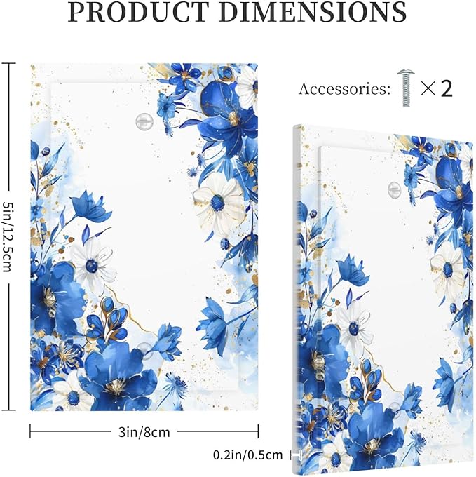 Klein Blue Flowers Watercolor Golden White Floral Light Switch Cover Plate 1 Gang No Device Blank Electrical Wall Plates Faceplate Decorative Switch Plate Covers for Bedroom Living Room Decor