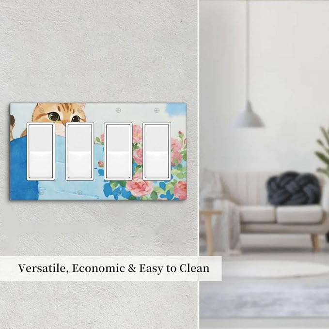 Cat Flower Quad Rocker Wall Plate Decorative 4 Gang Light Switch Covers Electrical Switchplate Home Decorate Faceplat for Bathroom Bedroom Kitchen Room 4.5 x 8 Inch