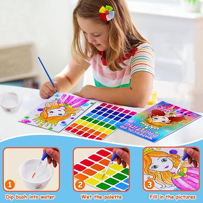 JUNQIU Water Color Paint Sets for Kids, Watercolor Painting Coloring Books for Toddlers, Paint with Water Books for Kids Ages 4-8, Art Craft Kits for Girls Boys Drawing with Brush