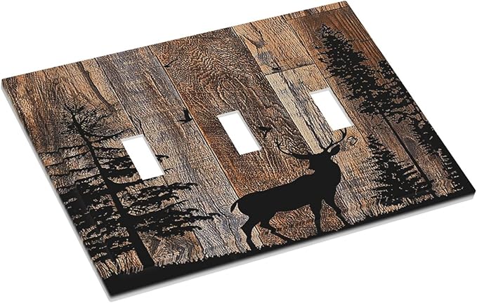 Decorative Switch Plates Rustic Forest Antler Elk Deer Silhouettes Animals Wood Grain 3 Gang Wall Plate Faceplate Triple Toggle Light Switch Cover Electrical Wall Panels for Farmhouse Home