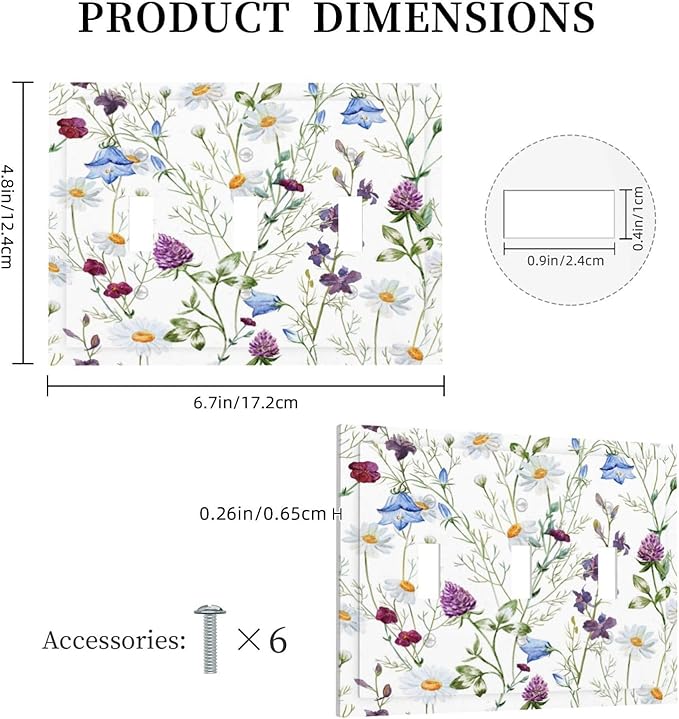 Floral Boho Multicolor Flower Plant Leaves Decorative Switch Plates 3 Gang Wall Plate Triple Toggle Light Switch Cover Faceplate Electrical Wall Panels for Bedroom Living Room Decor