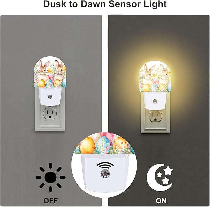 Easter Bunnies and Eggs Night Light for Kids,Cute Easter Rabbit and Flowers Plug in Night Light with Dusk to Dawn Sensor, 0.5w Energy Saving Nightlight for Hallway Stairway Kitchen Bedroom