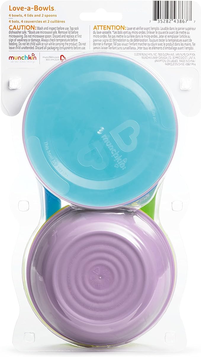 Munchkin® Love-a-Bowls™ 10 Piece Baby Feeding Set,Includes Bowls with Lids and Spoons,Multicolor,(Pack of 12)