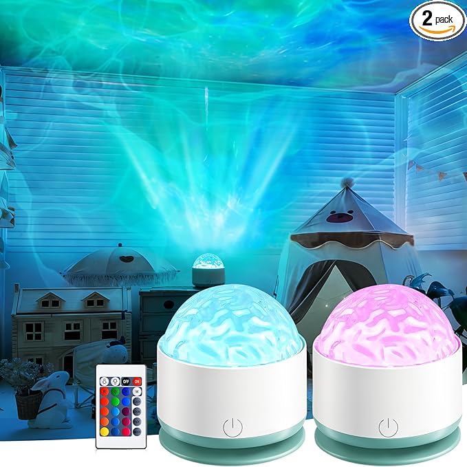 Ocean Wave Projector Light, Rechargeable 16 Color Ocean Lamp Ambient Lighting Night Light Projector Mood Lighting with Dimmable & Remote for Kids Bedroom Teen Girl Gift Room Decor - 2P