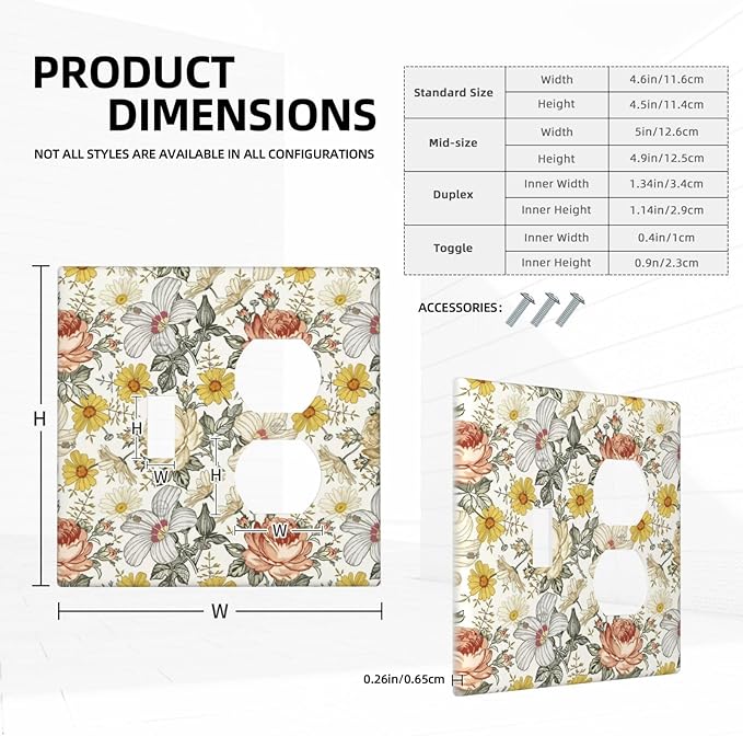 Multicolor Peony Daisy Vintage Floral Flower Wallplates 1 Toggle 1 Duplex Switch Plate Electrical GFCI Faceplate Decorative Light Switch Covers for Bedroom Living Room Decor