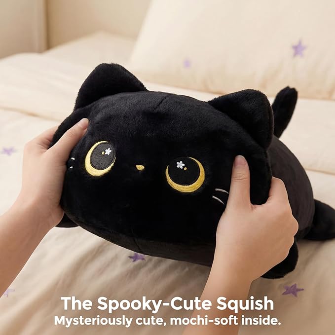 Mewaii Cute Black Cat Plush Pillow, Kawaii Plushies Black Cat Stuffed Animals, Squishy Plushies, Cuddle Plush Pillow for Kids & Girls (13 Inch)